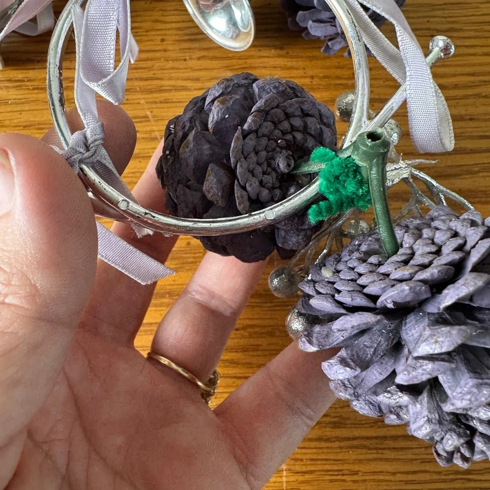 Set of 4 Silver Tone‎ Trumpet Pinecone Holiday Ornaments Purple Lavender Ribbon